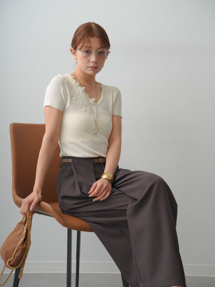 [SET]アシメフラワーレースVネック半袖ニットトップス+選べるアクセセット(2set)