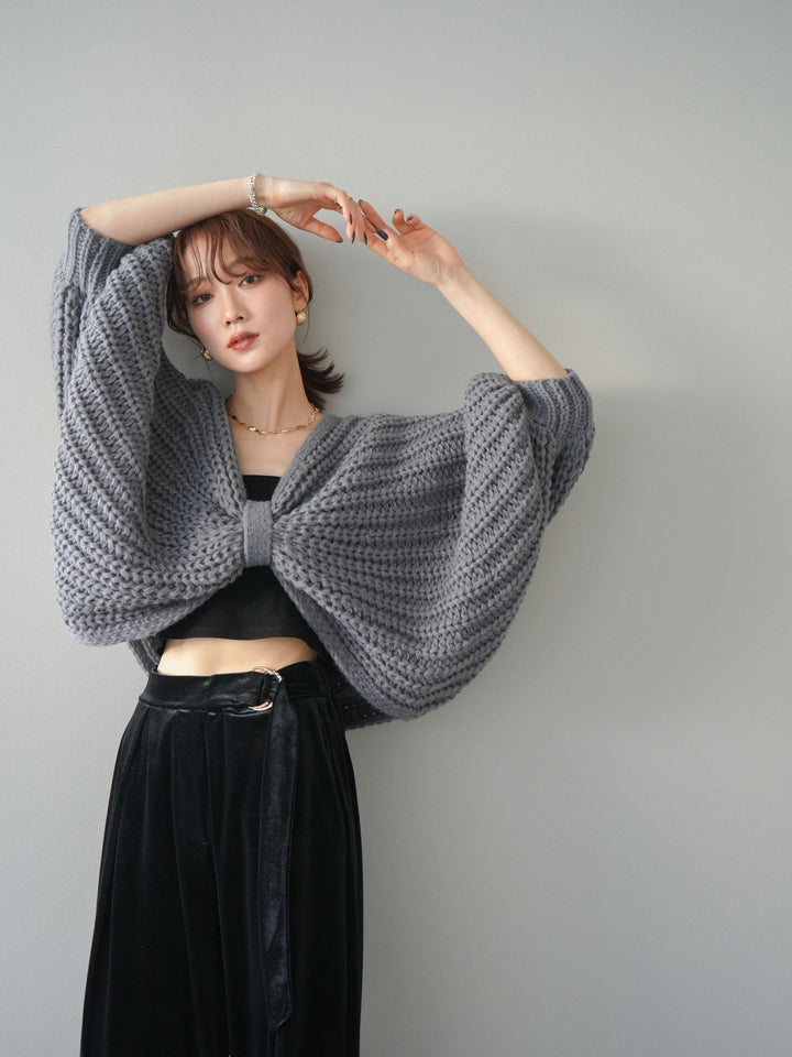 [SET]ローゲージ畦編みドルマンニットボレロ+ベロアベルトスリムパンツ(2set)