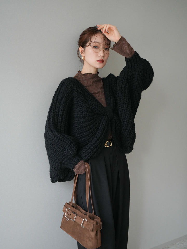 [SET]ローゲージ畦編みドルマンニットボレロ+起毛レースプチネックトップス(2set)