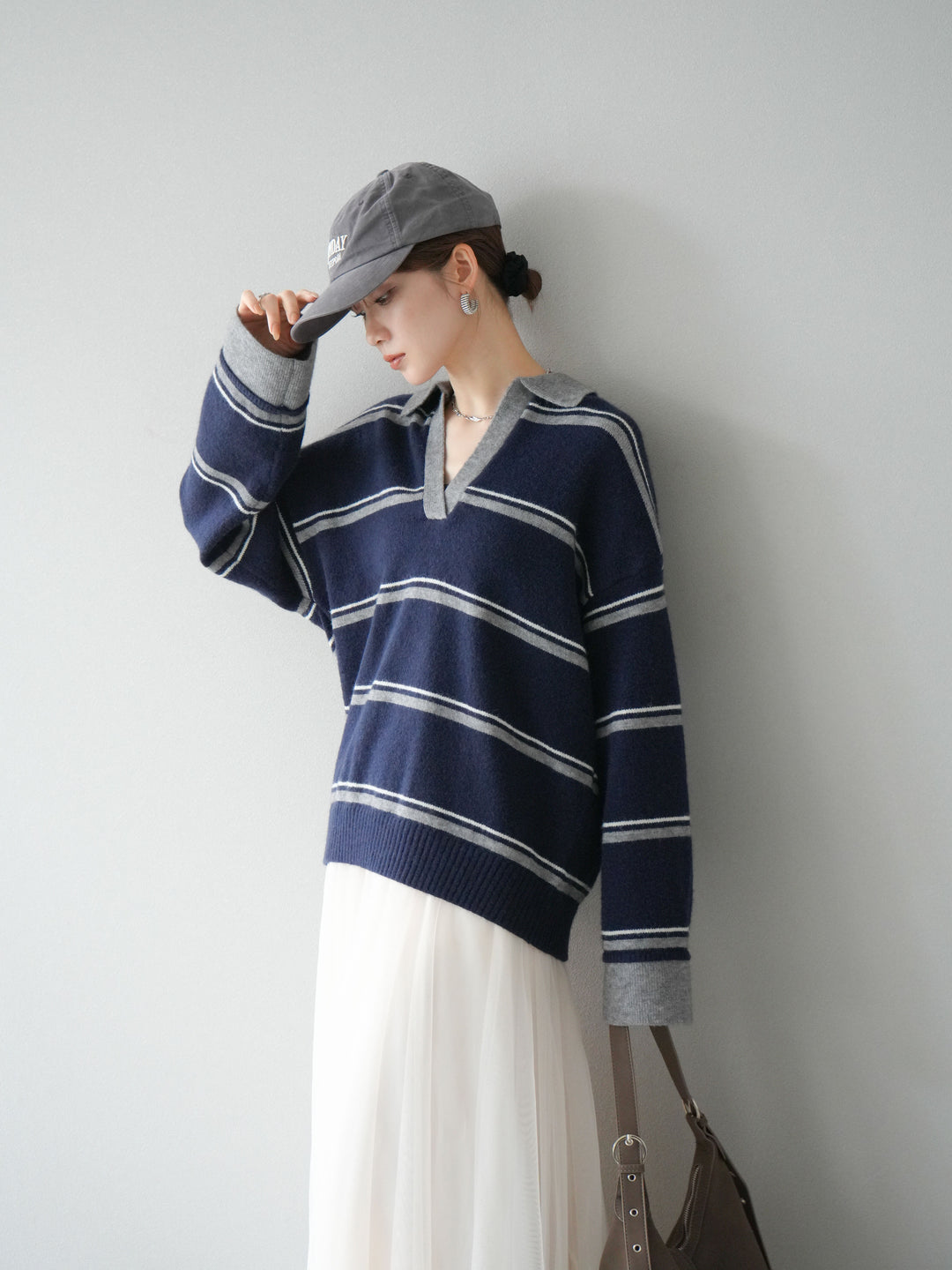 [SET]ポロ襟スキッパーボーダーニットプルオーバー+チュールボリュームスカート(2set)