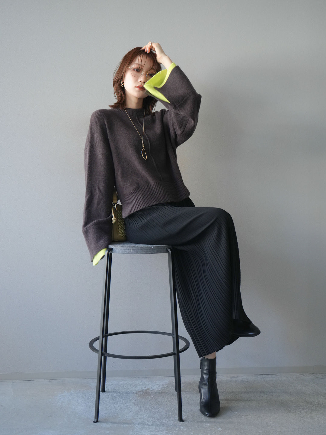 [予約]袖レイヤード配色ニットプルオーバー/brown