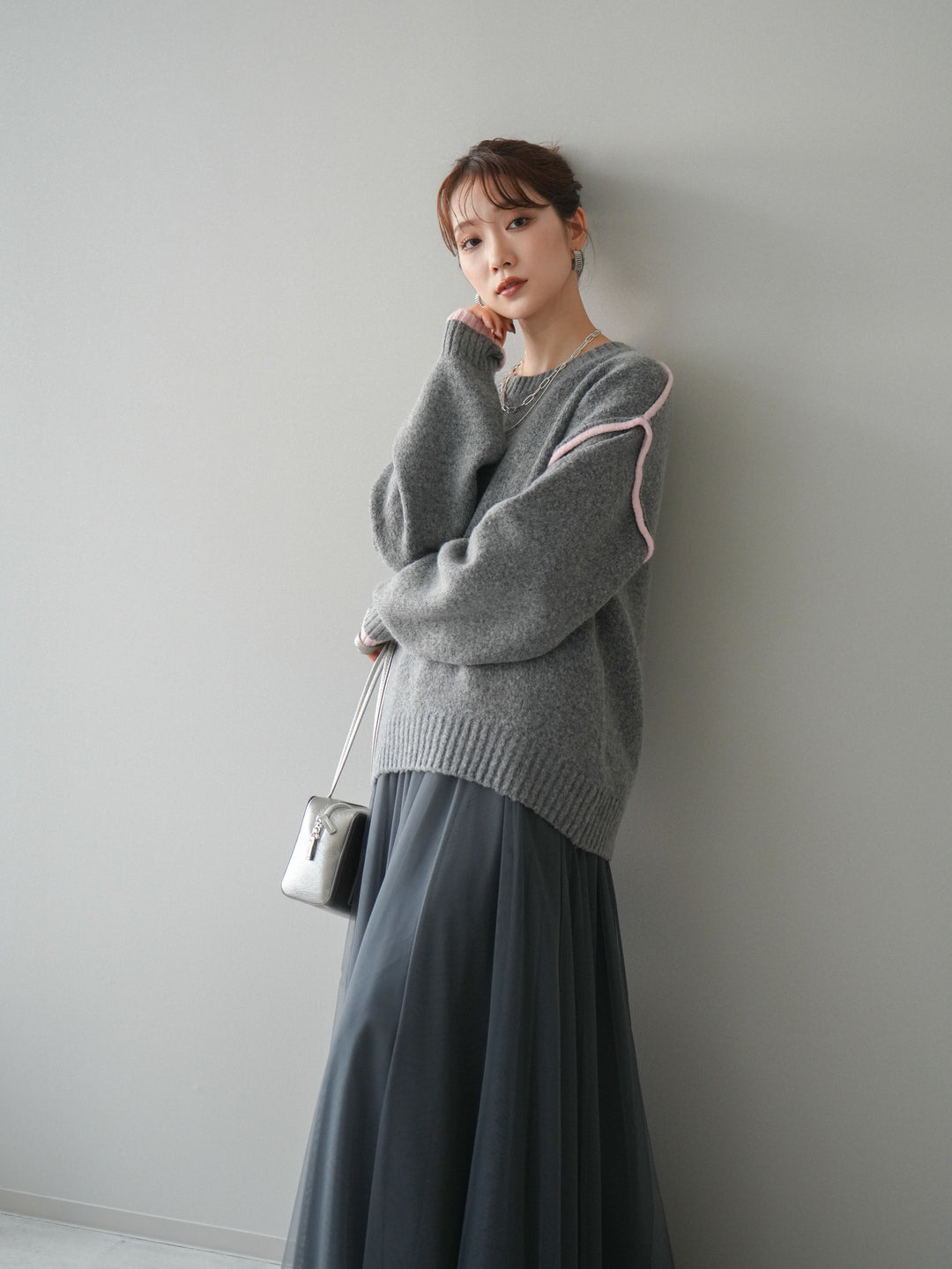 [予約]バイカラーパイピングニットプルオーバー/gray