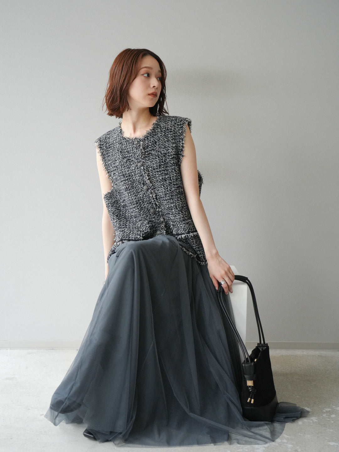 [予約]ミックスツイードフリンジニットベスト/ブラック