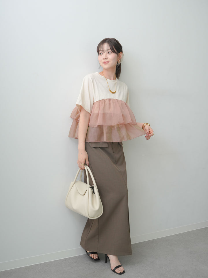 [SET]オーガンジーフリルドッキングTEE+クレープデシンフラップ付きストレートスカート(2set)