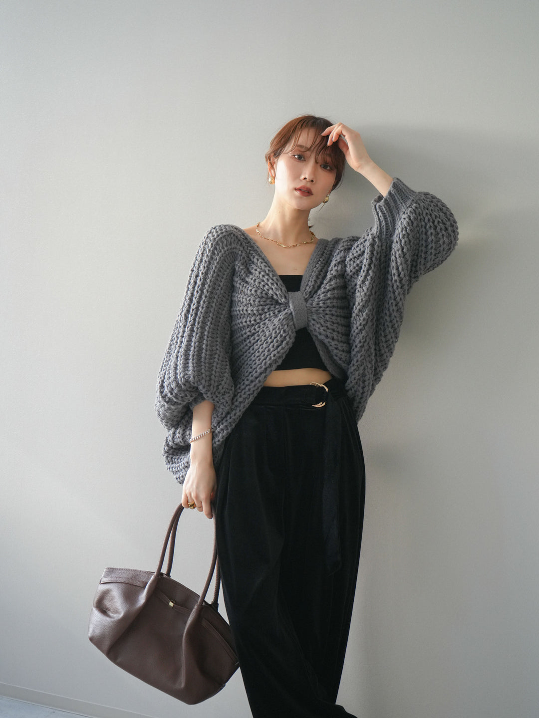 [SET]ローゲージ畦編みドルマンニットボレロ+ベロアベルトスリムパンツ(2set)