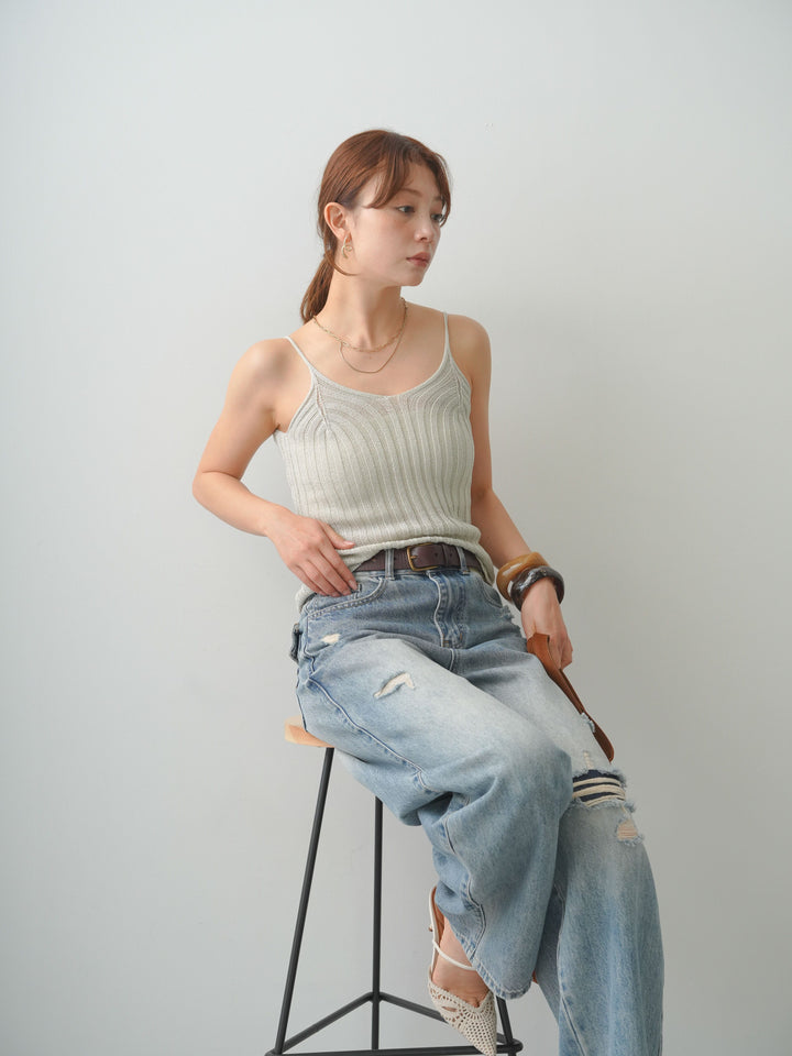 [SET]ワイドリブニットキャミソール+ダメージデニムセミワイドパンツ(2set)