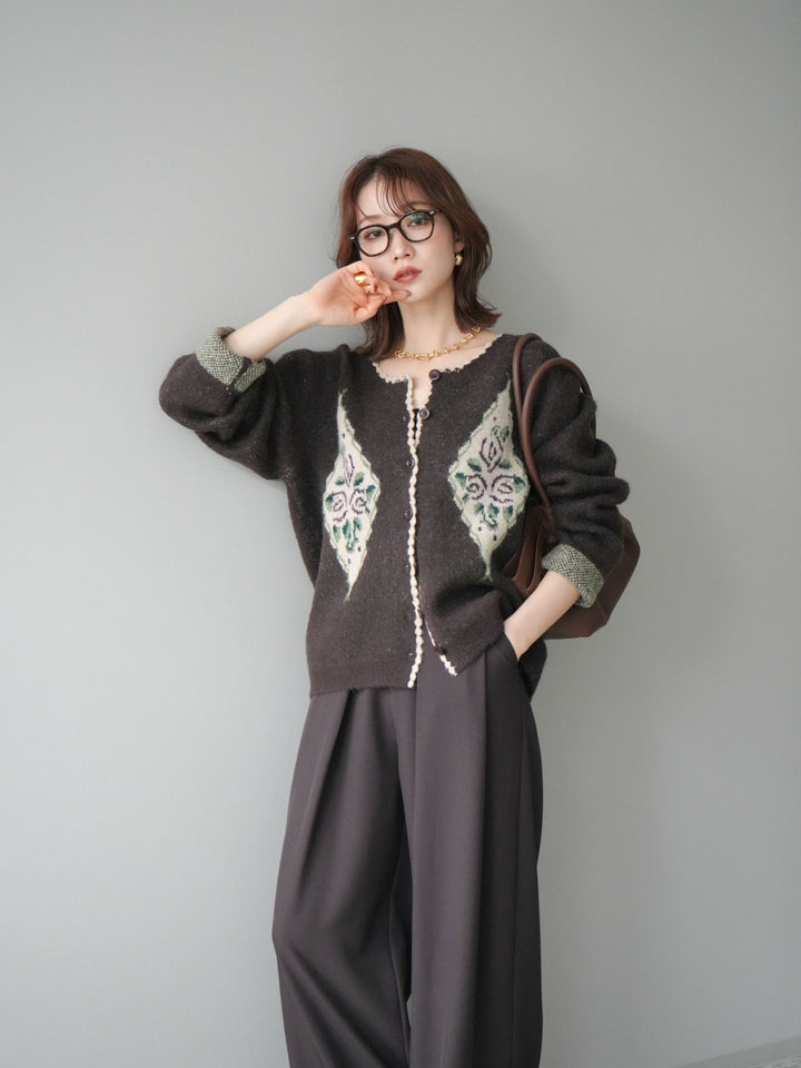 [予約]アンティークフラワージャガードニットカーディガン/brown