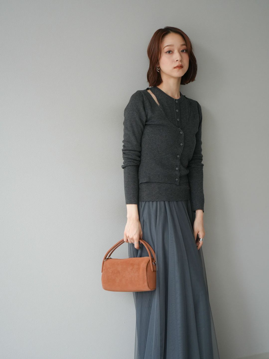 [予約]レイヤードデザインニットカーディガン/チャコール