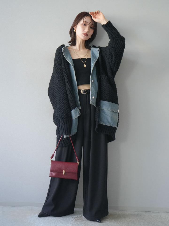 [SET]デニム襟レイヤードニットジャケット+ベルトループデザインワイドパンツ(2set)