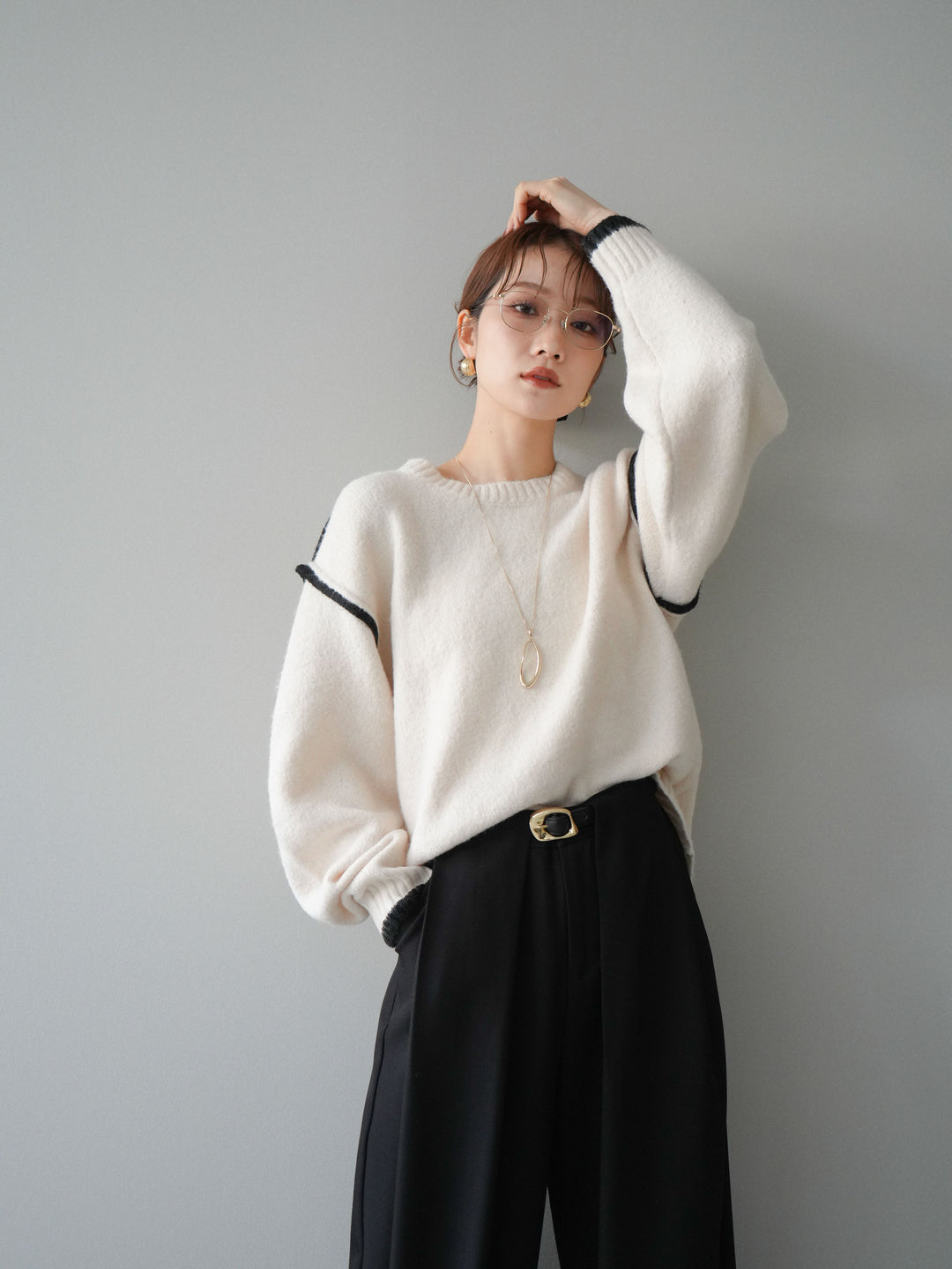 [予約]バイカラーパイピングニットプルオーバー/ivory