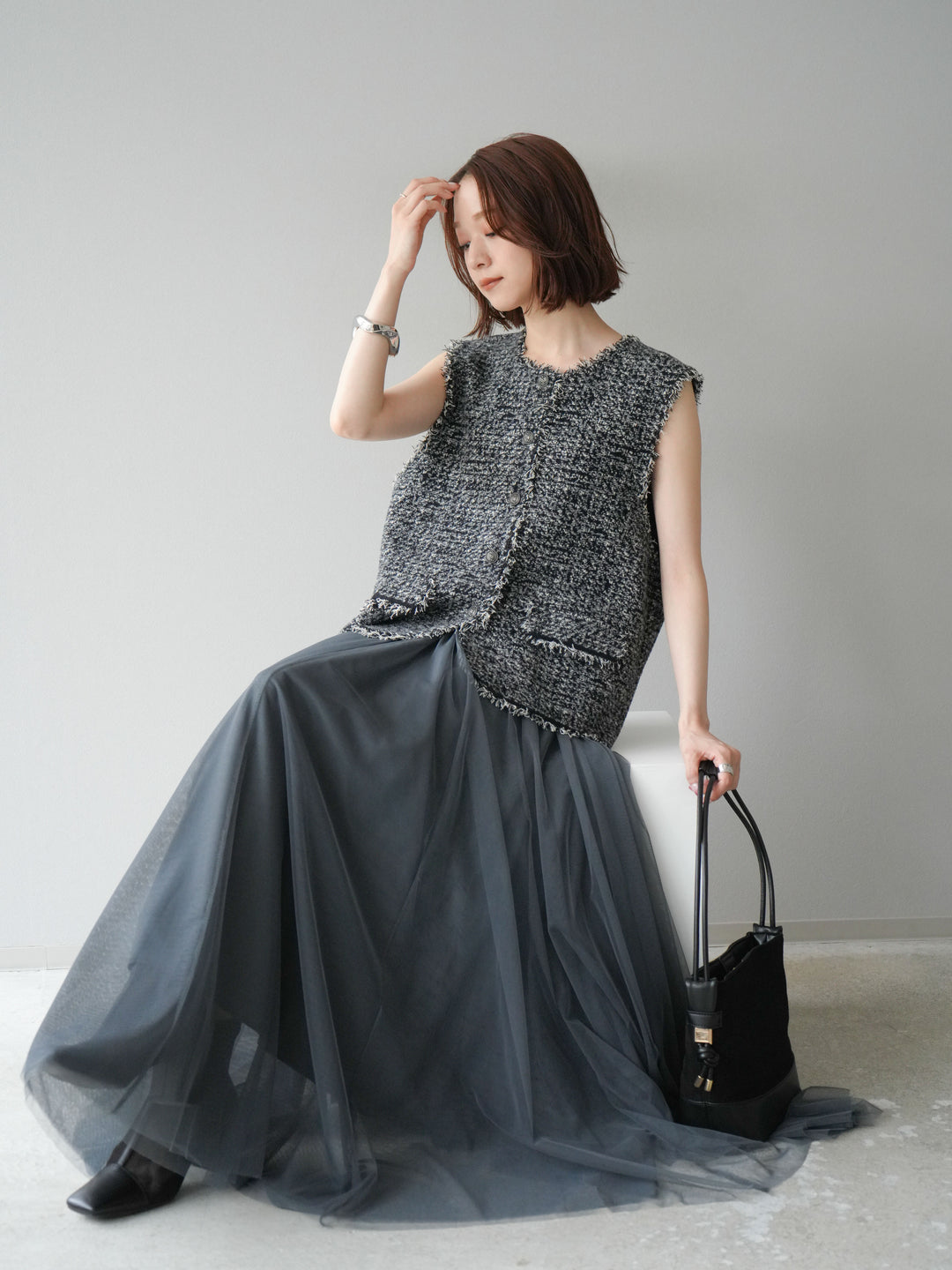 [予約]ミックスツイードフリンジニットベスト/ブラック