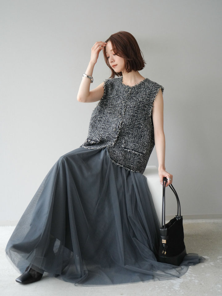 [予約]ミックスツイードフリンジニットベスト/ブラック