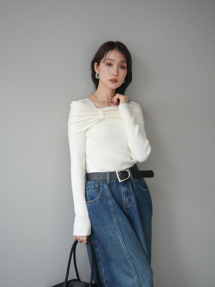[予約]リボンモチーフオフショルリブニットトップス/white