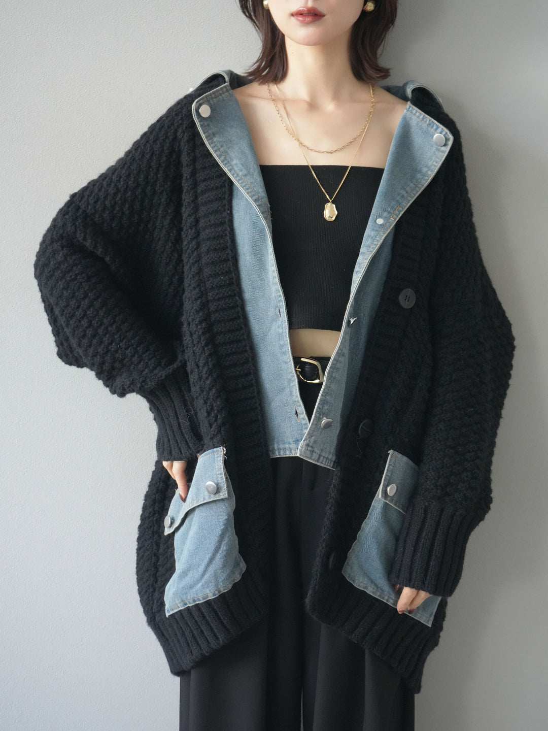 [予約]デニム襟レイヤードニットジャケット/black