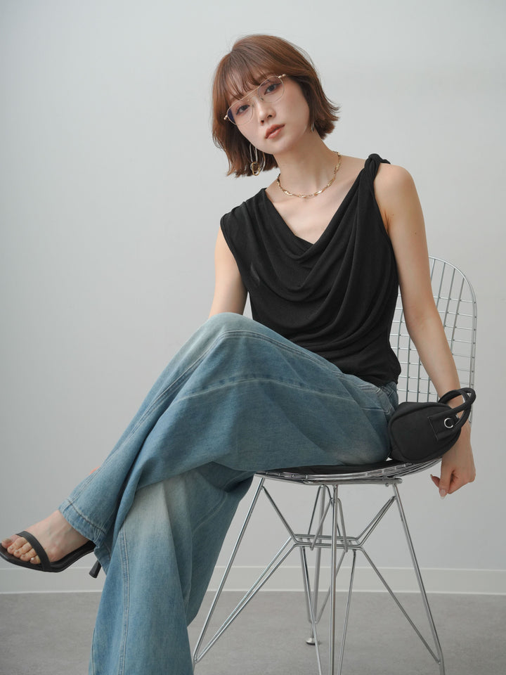 [予約]ツイストショルダーアシメドレープトップス/black