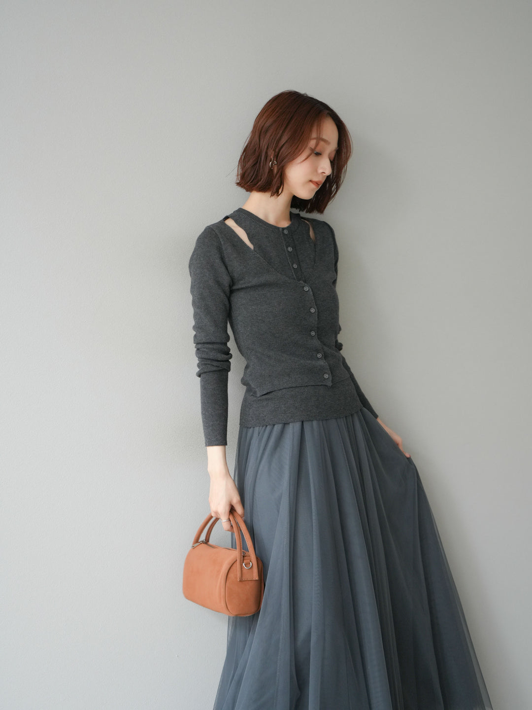 [予約]レイヤードデザインニットカーディガン/チャコール