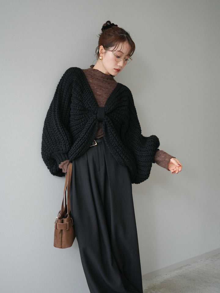 [SET]ローゲージ畦編みドルマンニットボレロ+起毛レースプチネックトップス+ベルトループデザインワイドパンツM(3set)