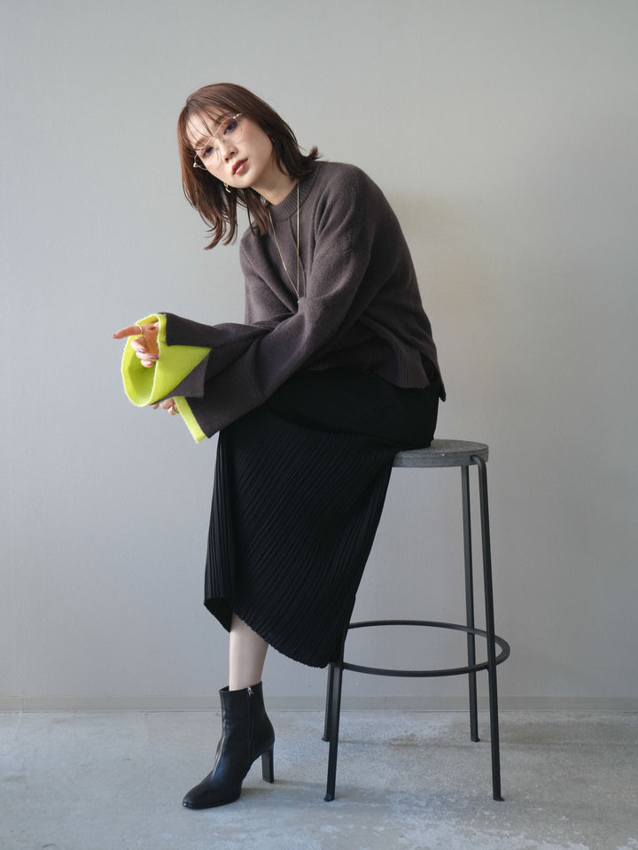 [予約]袖レイヤード配色ニットプルオーバー/brown