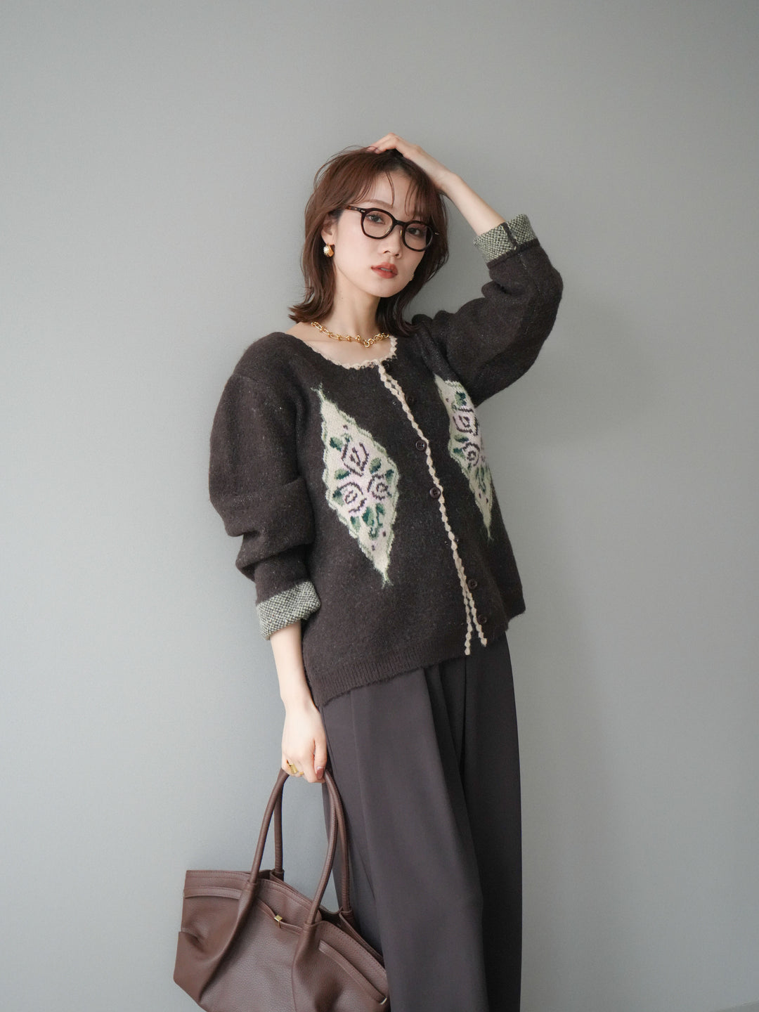 [予約]アンティークフラワージャガードニットカーディガン/brown