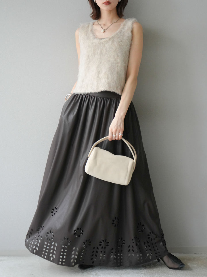 [予約]フラワーパンチングレザースカート/ブラウン