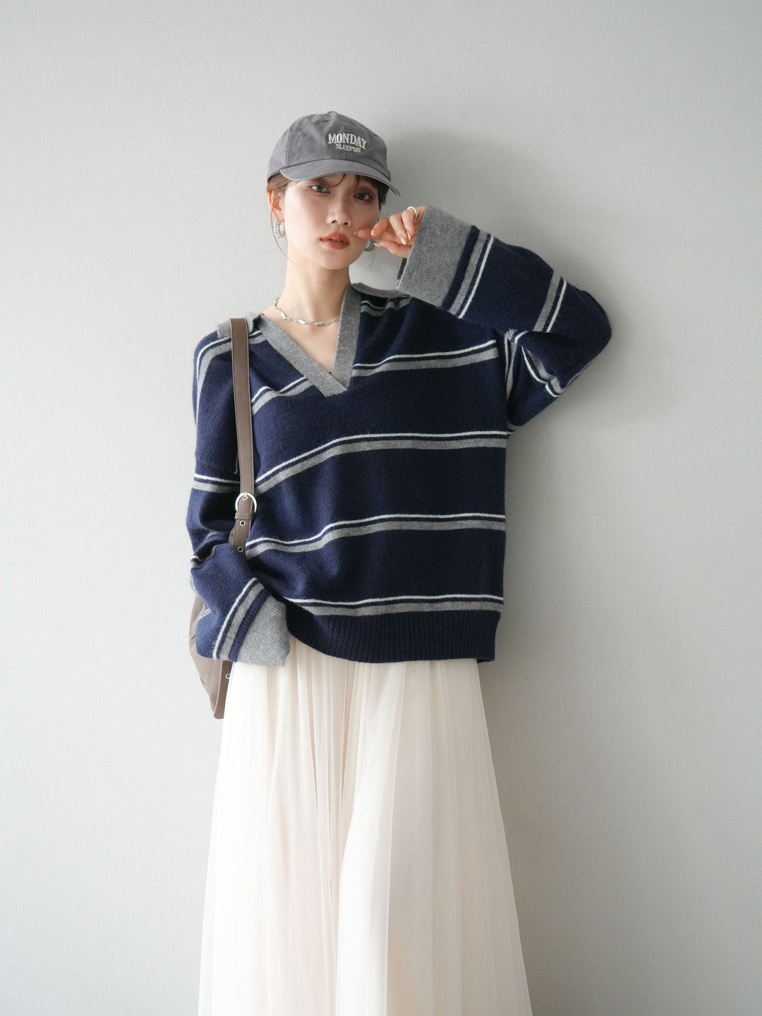 [SET]ポロ襟スキッパーボーダーニットプルオーバー+チュールボリュームスカート(2set)