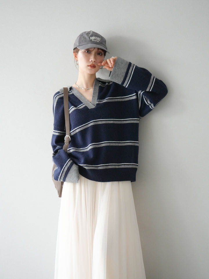 [SET]ポロ襟スキッパーボーダーニットプルオーバー+チュールボリュームスカート(2set)