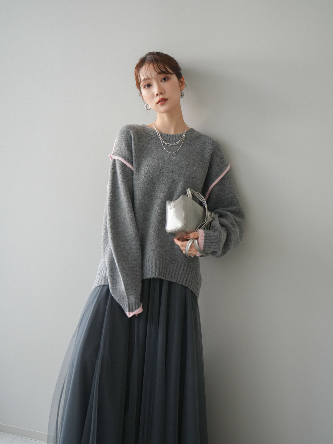 [予約]バイカラーパイピングニットプルオーバー/gray