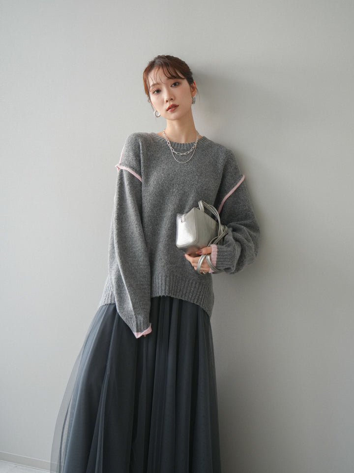 [予約]バイカラーパイピングニットプルオーバー/gray