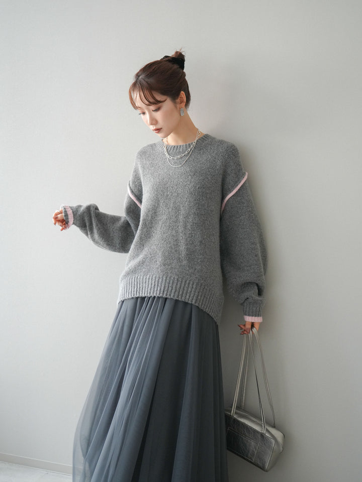 [予約]バイカラーパイピングニットプルオーバー/gray