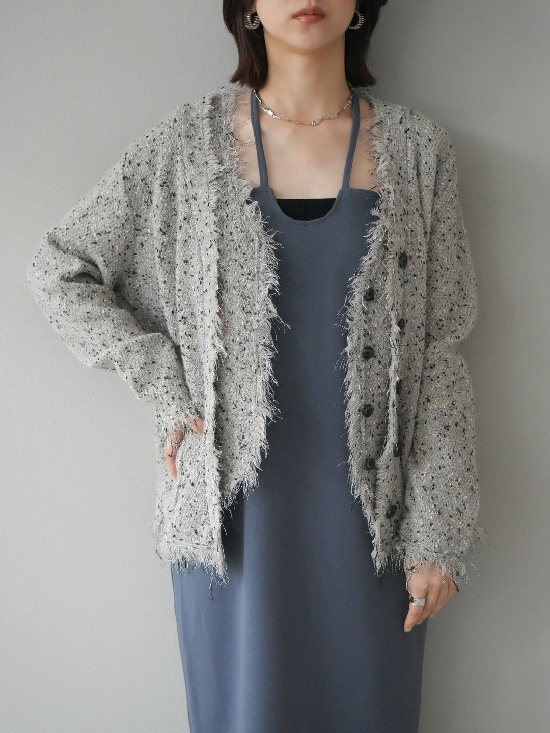 [予約]ネップフリンジニットカーディガン/khaki