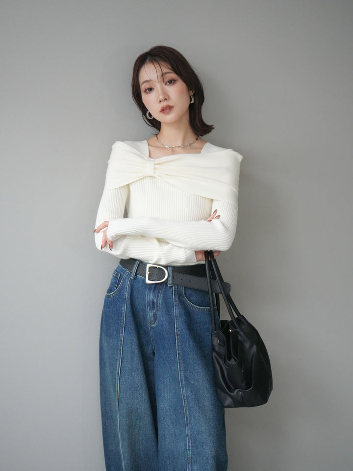 [予約]リボンモチーフオフショルリブニットトップス/white