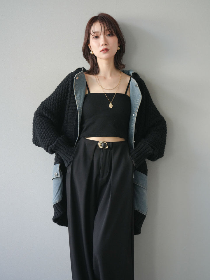 [SET]デニム襟レイヤードニットジャケット+ベルトループデザインワイドパンツ(2set)