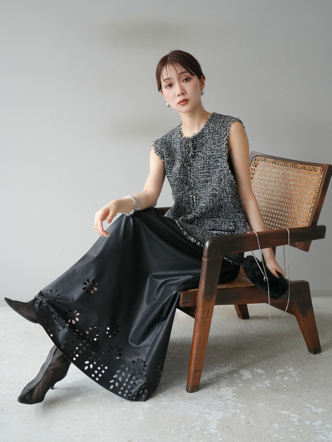 [予約]ミックスツイードフリンジニットベスト/ブラック