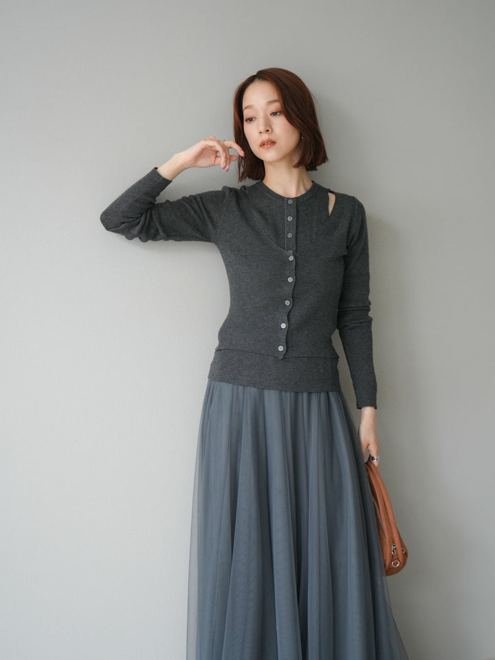 [予約]レイヤードデザインニットカーディガン/チャコール