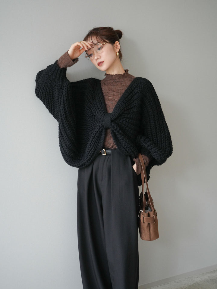 [予約]ローゲージ畦編みドルマンニットボレロ/black