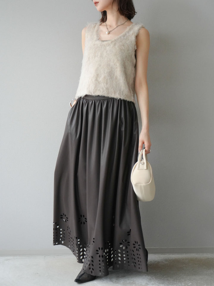 [予約]フラワーパンチングレザースカート/ブラウン