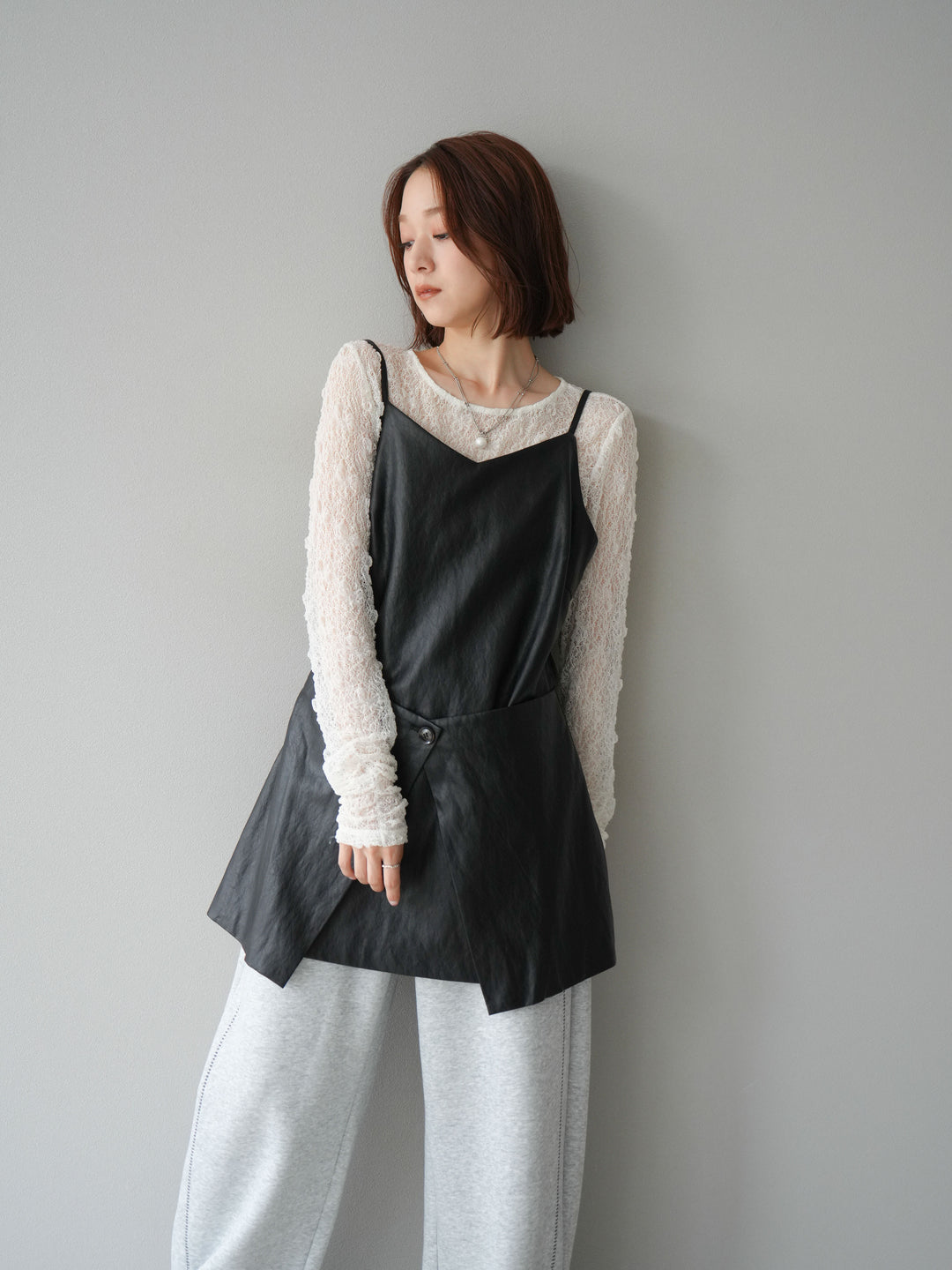 [予約]レイヤードレザーキャミソールチュニック/ブラック