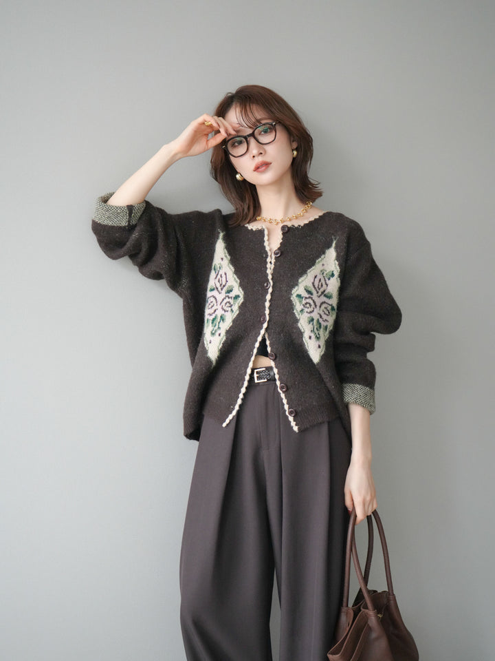 [予約]アンティークフラワージャガードニットカーディガン/brown