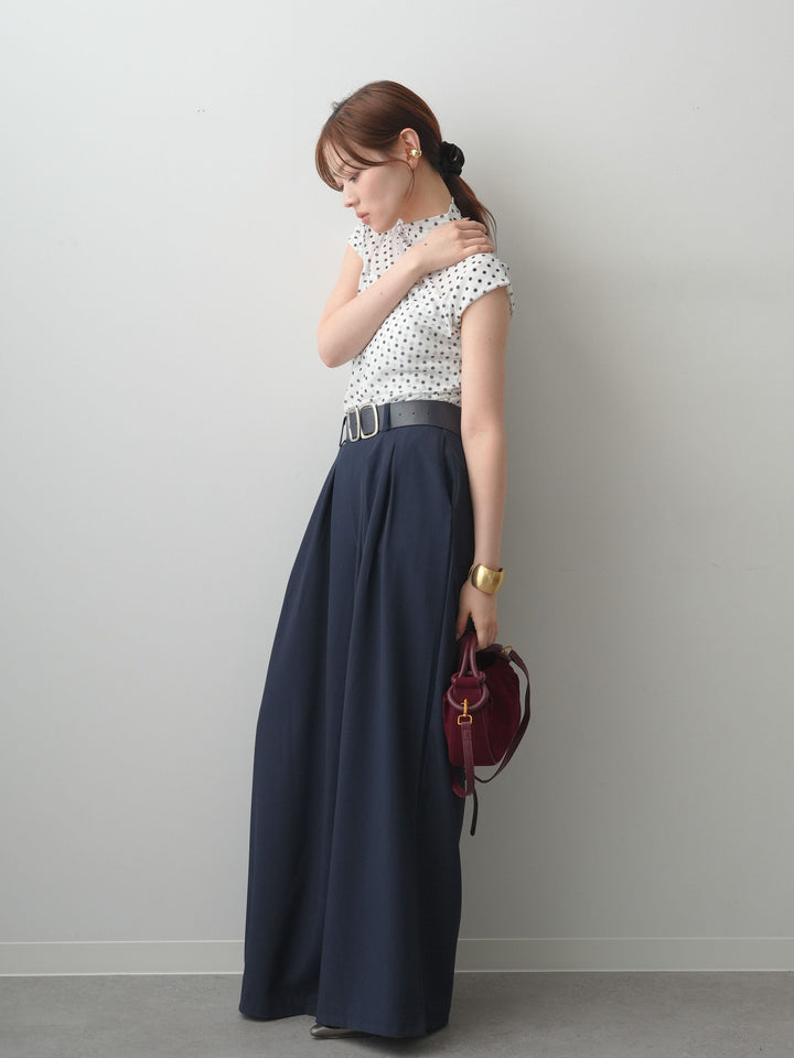 [SET]プチネックドットシアートップス+ダブルバックルベルト付ワイドパンツ(2set)