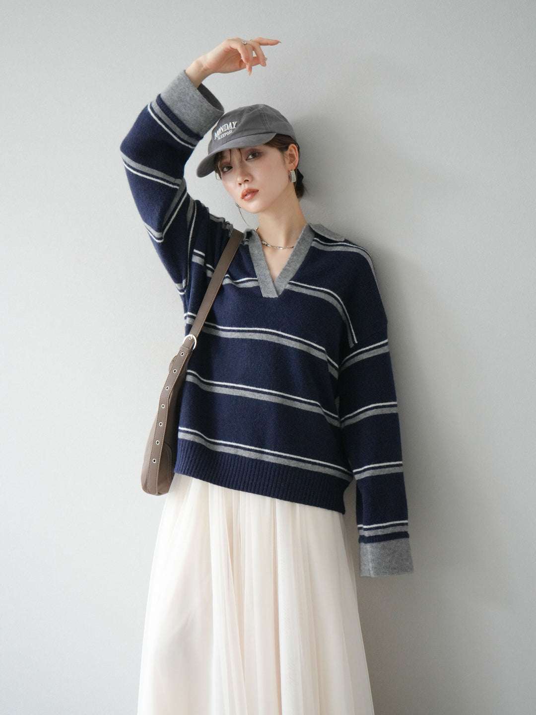 [SET]ポロ襟スキッパーボーダーニットプルオーバー+チュールボリュームスカート(2set)