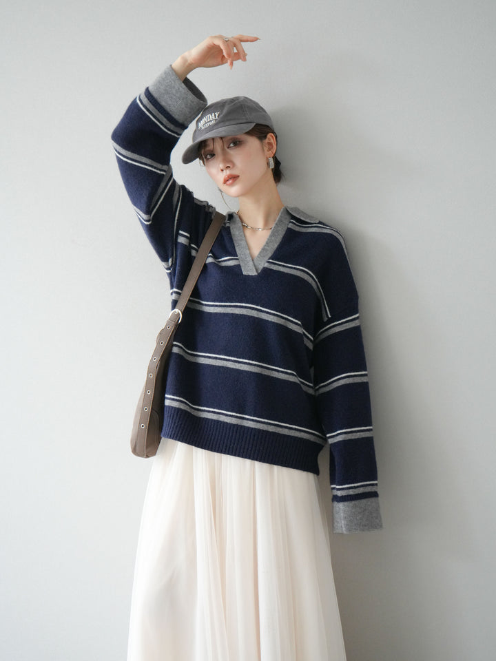 [SET]ポロ襟スキッパーボーダーニットプルオーバー+チュールボリュームスカート(2set)