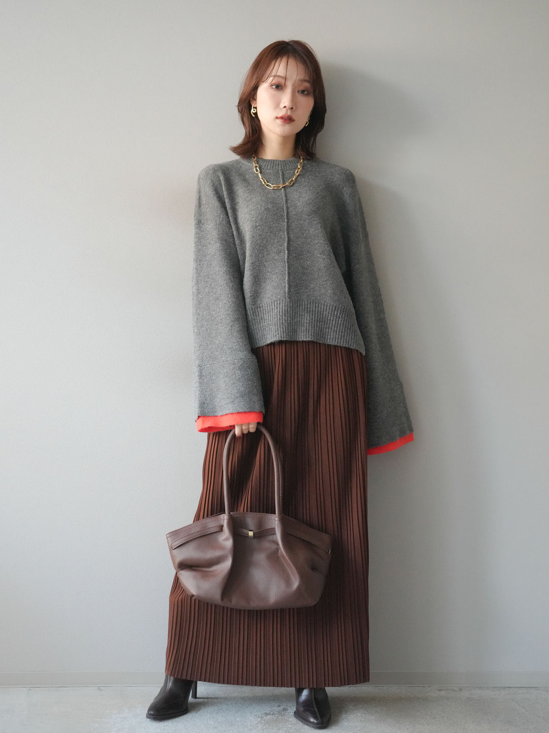 [SET]袖レイヤード配色ニットプルオーバー+プリーツIラインスカート(2set)