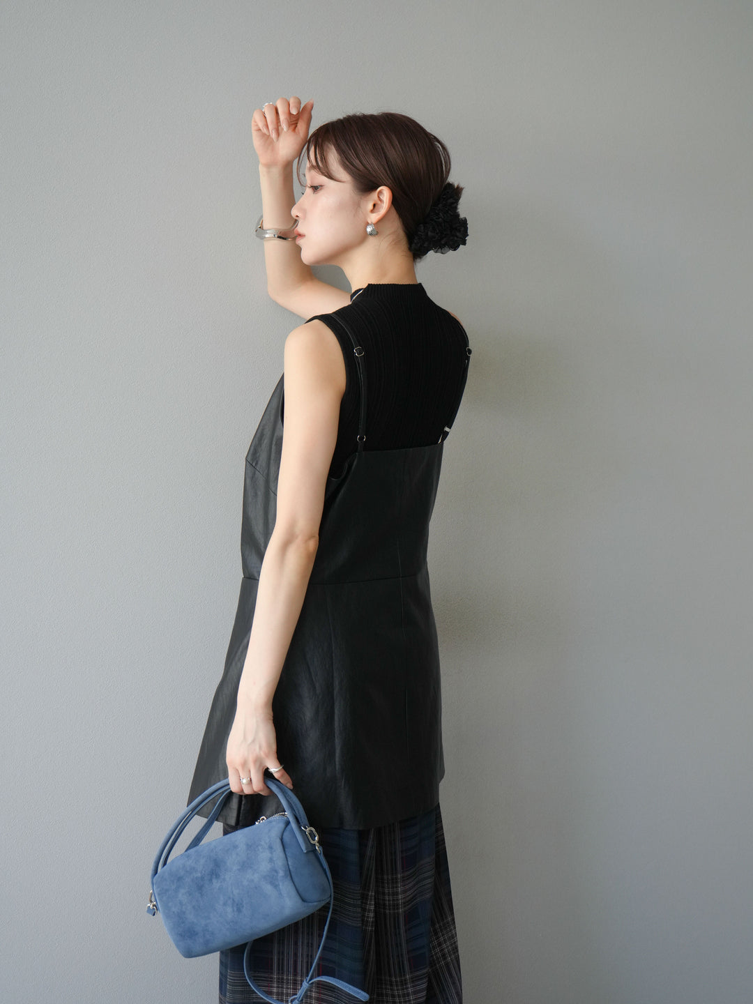 [予約]レイヤードレザーキャミソールチュニック/ブラック