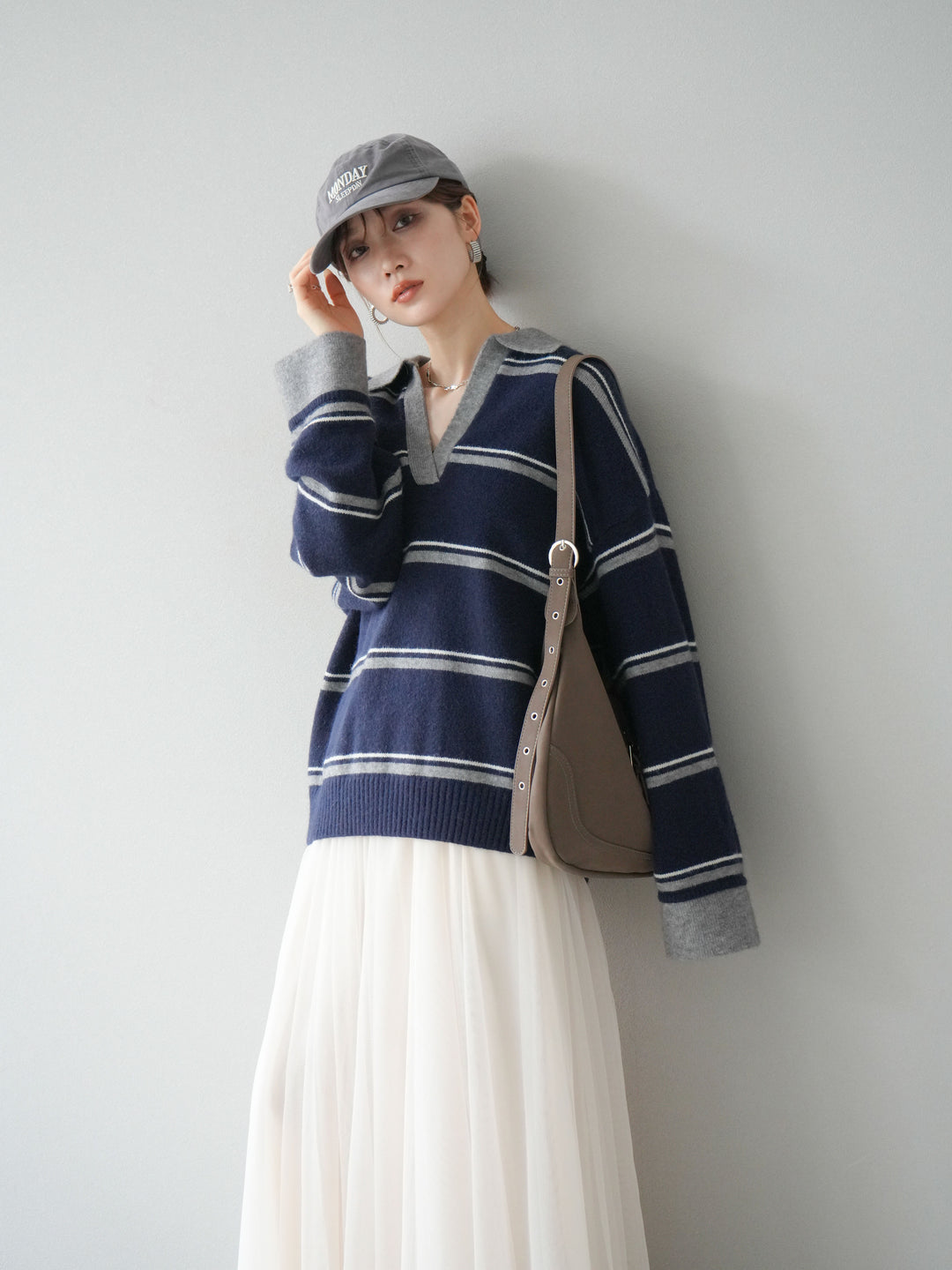 [SET]ポロ襟スキッパーボーダーニットプルオーバー+チュールボリュームスカート(2set)