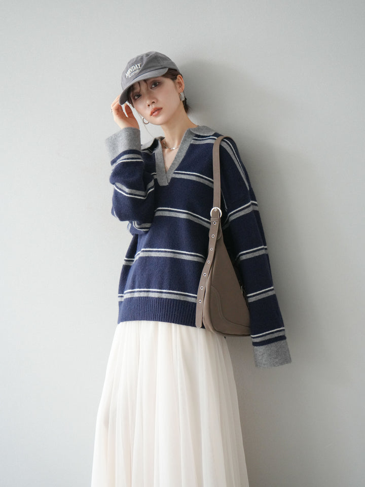 [SET]ポロ襟スキッパーボーダーニットプルオーバー+チュールボリュームスカート(2set)