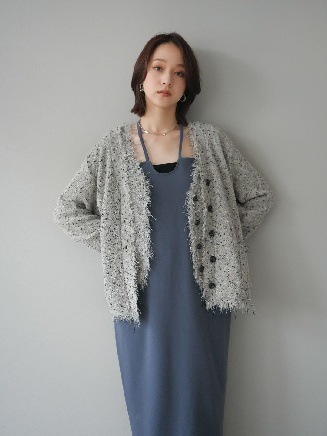 [予約]ネップフリンジニットカーディガン/khaki