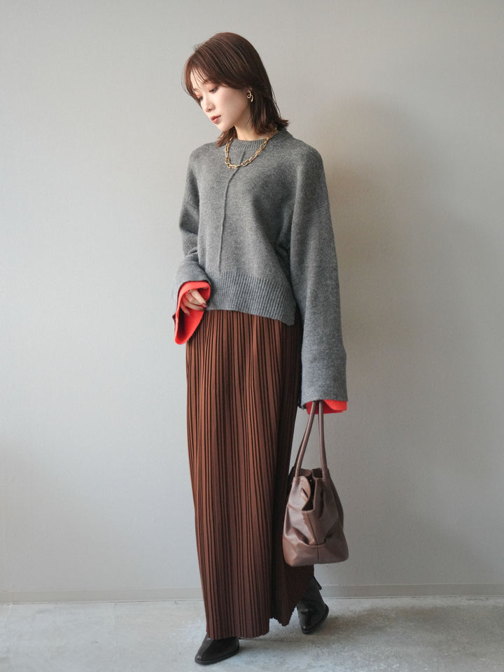 [SET]袖レイヤード配色ニットプルオーバー+プリーツIラインスカート(2set)