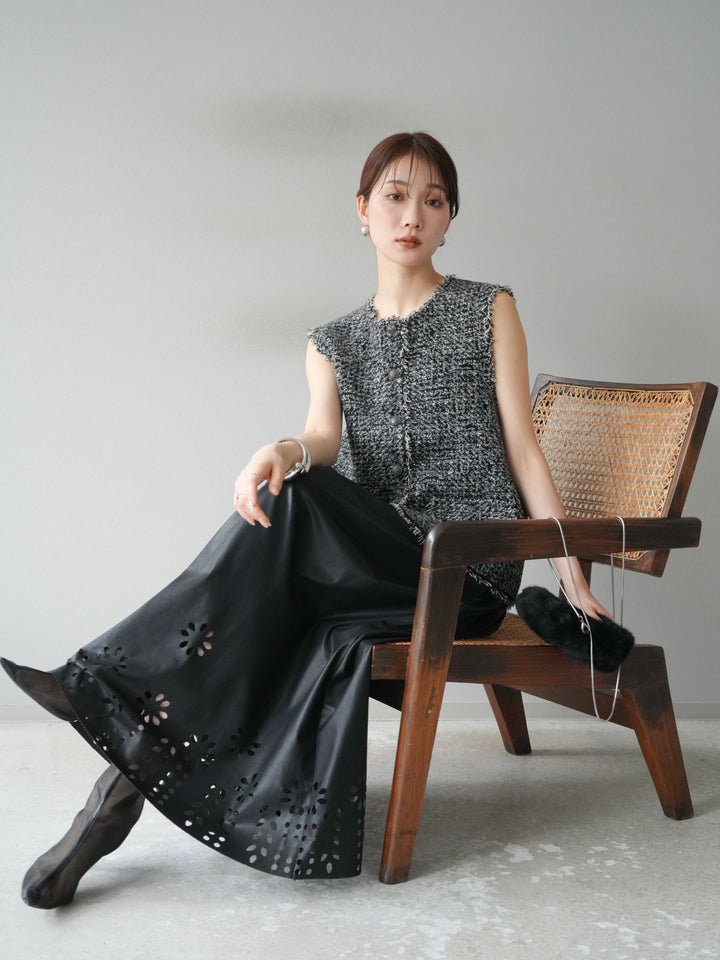 [予約]ミックスツイードフリンジニットベスト/ブラック