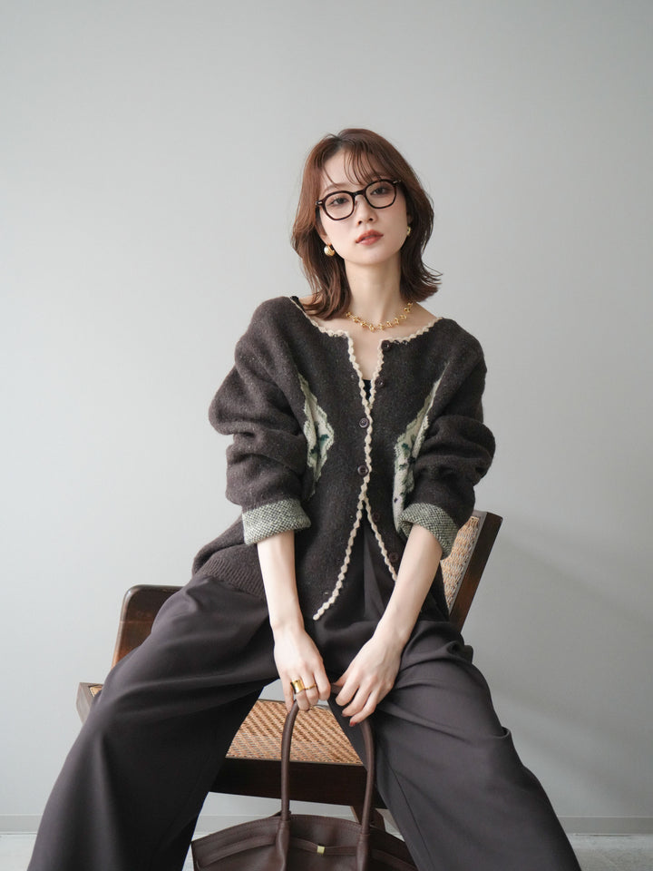 [予約]アンティークフラワージャガードニットカーディガン/brown