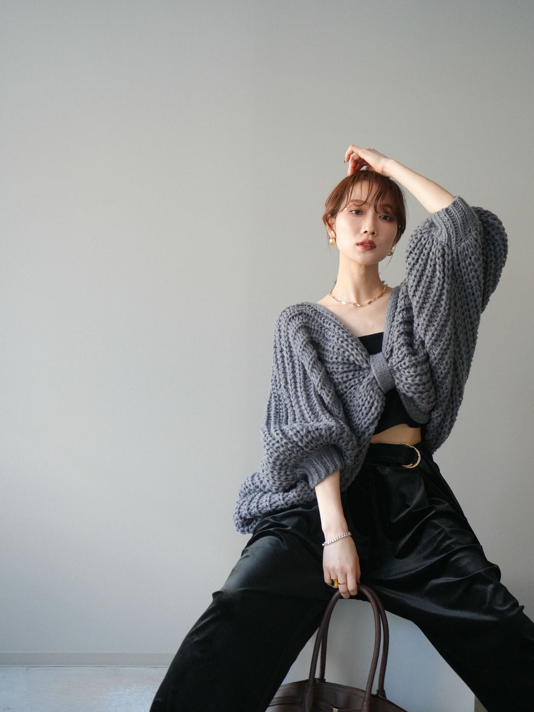 [SET]ローゲージ畦編みドルマンニットボレロ+選べるアクセセット(2set)